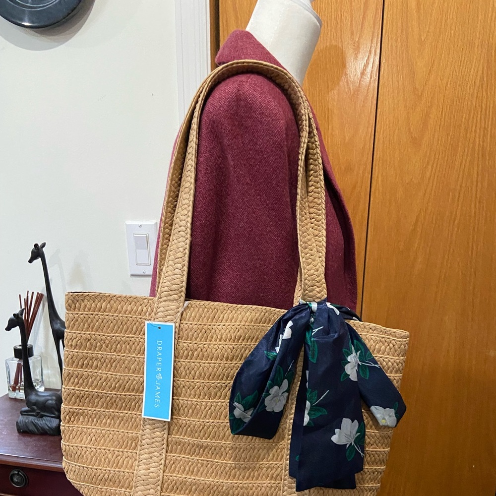 Beautiful straw bag with blue scarf